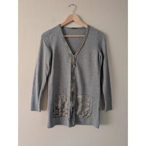 Tahari Jessa‎ Gray Zip Long Sleeve Cardigan Sweater Satin Trim Work Size XS